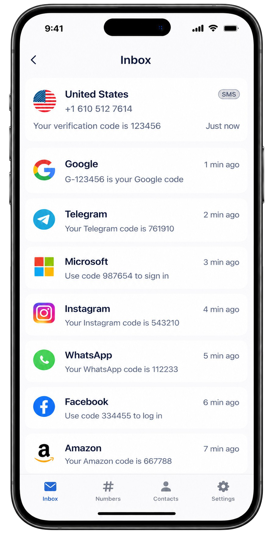 InstantSMS inbox showing verification codes from various apps and services